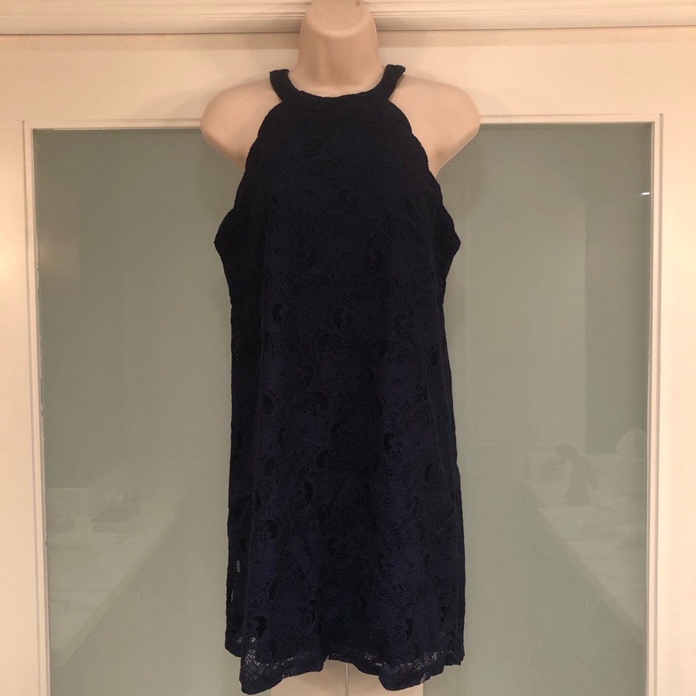 Navy lace halter dress